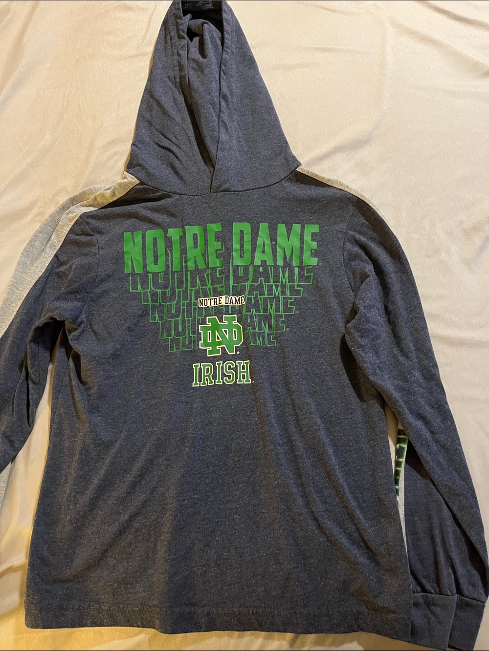 Notre Dame Youth Medium, 10-12 Dark Gray Hooded Tee Shirt - Gray Lining
